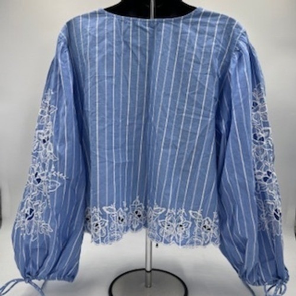 Future Collective Blue White Striped Embroidered Eyelet Tie Front Blouse Large - Picture 9 of 9